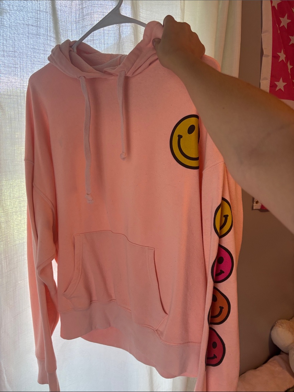 T.J.Maxx Pink Hoodie with Smiley Face Sleeve Graphics